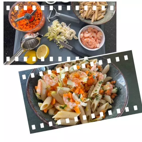 Salade de pâtes complètes, crevettes carotte