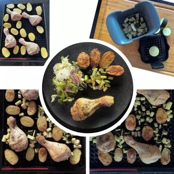 Poulet crousti-fondant, pommes de terre rôties et courgette