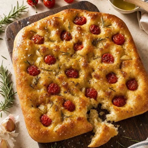 Focaccia à l'ail, aux tomates cerises et au romarin