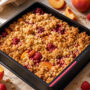 Crumble aux pêches et framboises