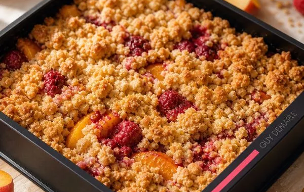 Crumble aux pêches et framboises