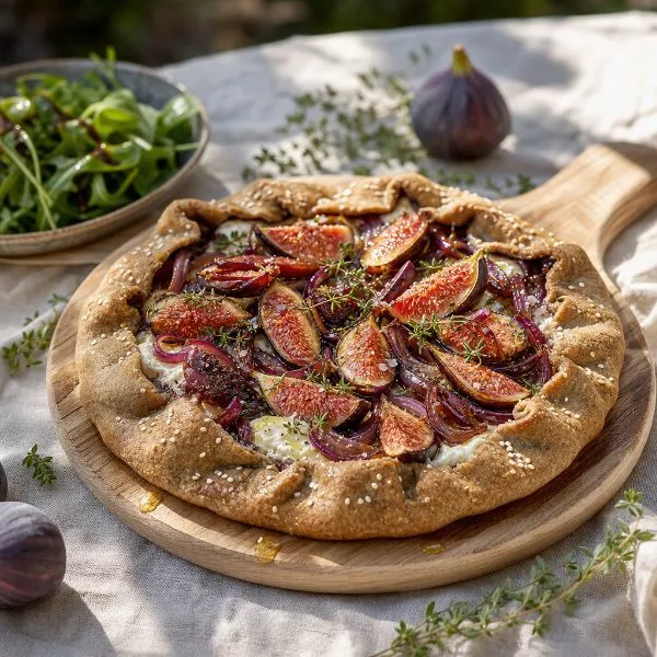 Tarte rustique chèvre, figues & oignons confits