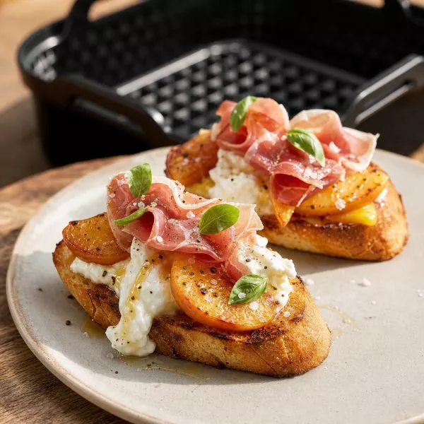 Crostinis pêche burrata et jambon cru