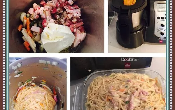 One pot pasta, lardons, julienne de légumes