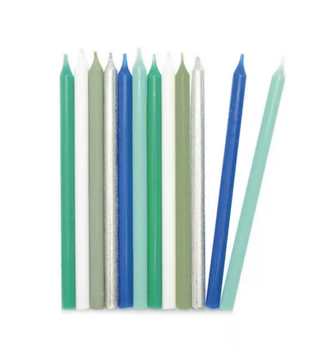 12 Bougies longues bleu & argent 12 cm