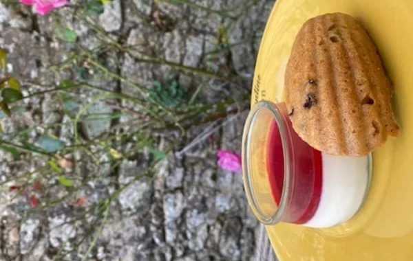 Pannacottas au coulis de framboises et sa madeleine tigrée