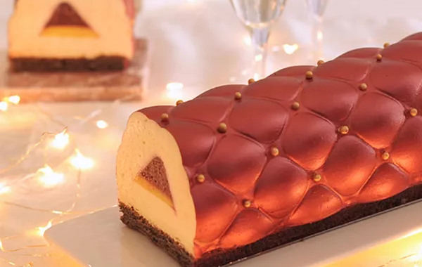 Bûche au chocolat blanc, crémeux au citron et mousse à la myrtille